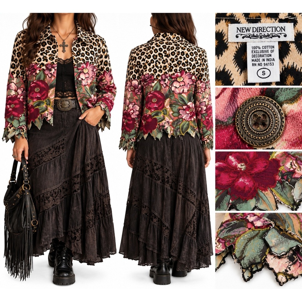 New Direction Womens Floral Leopard Shirt Cotton Whimsigoth Casual S